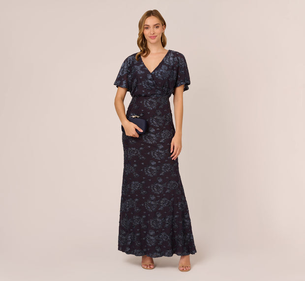 aidan mattox Floral Burnout Velvet Long Blouson Gown In Midnight