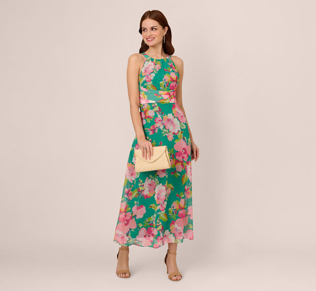 aidan mattox Floral Chiffon Halter Midi Dress In Green Multi