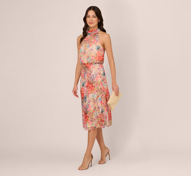 aidan mattox Floral Chiffon Halter Midi Dress With Blouson Bodice In Red Multi