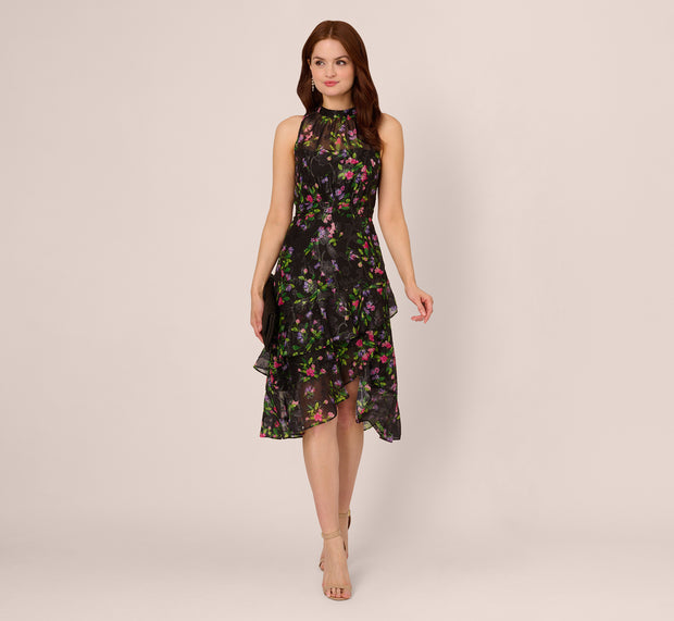 Aidan Mattox Floral Chiffon Halter Midi Dress With Flounce Hem In Black Multi