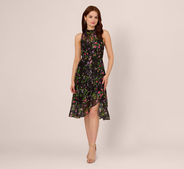 Aidan Mattox Floral Chiffon Halter Midi Dress With Flounce Hem In Black Multi