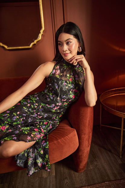 aidan mattox Floral Chiffon Halter Midi Dress With Flounce Hem In Black Multi