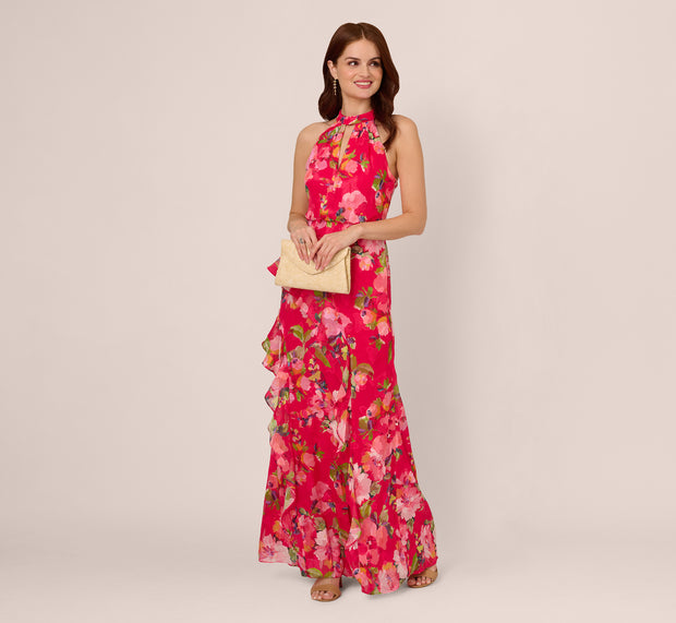 Aidan Mattox Floral Chiffon Keyhole Halter Maxi Dress In Pink Multi
