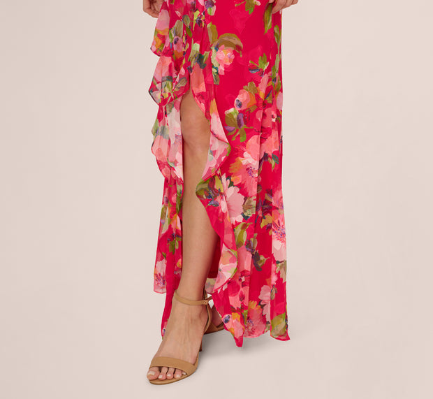 Aidan Mattox Floral Chiffon Keyhole Halter Maxi Dress In Pink Multi