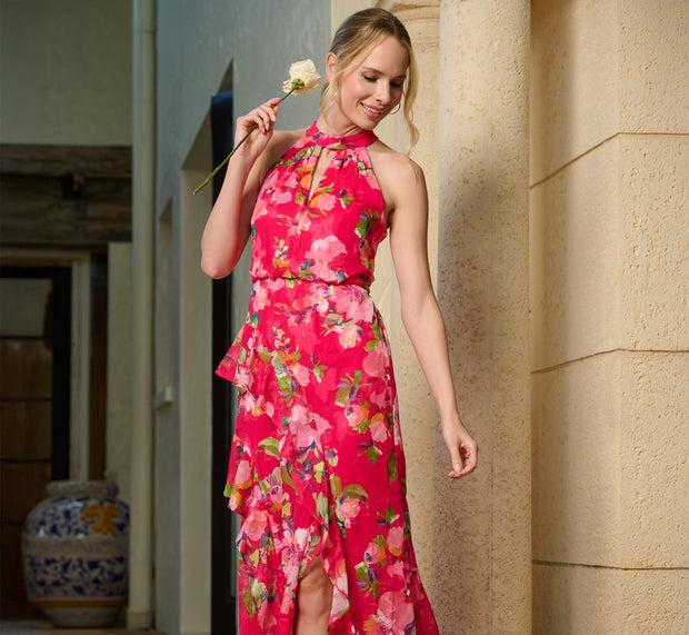 aidan mattox Floral Chiffon Keyhole Halter Maxi Dress In Pink Multi