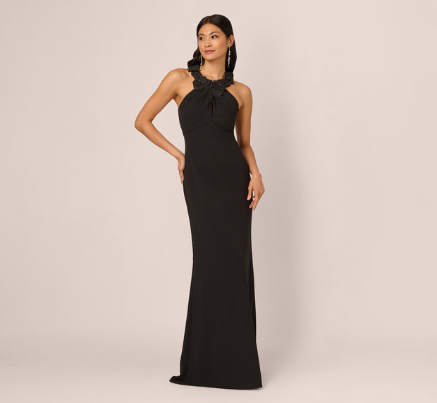 Aidan Mattox Floral Embellished Crossover Halter Gown In Black