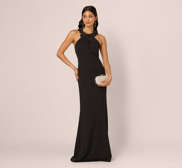 aidan mattox Floral Embellished Crossover Halter Gown In Black