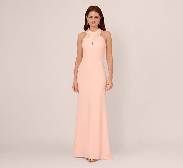 Aidan Mattox Floral Embellished Crossover Halter Gown In Peach Kiss