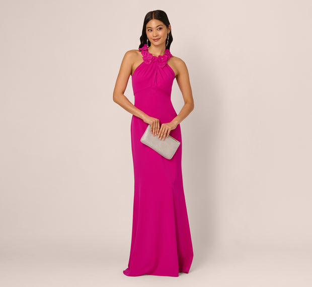 aidan mattox Floral Embellished Crossover Halter Gown In Pink Flambe