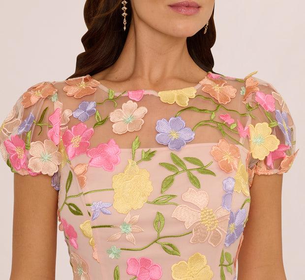 Aidan Mattox Floral Embroidered Flounce Dress With Sheer Short Sleeves In Nude Mult