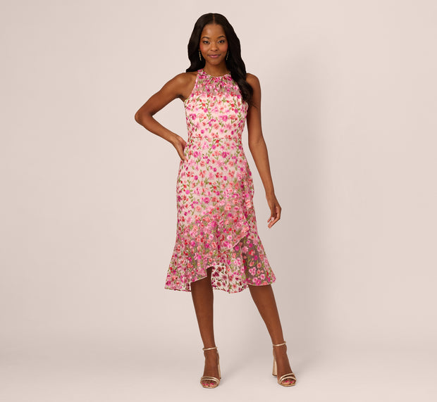Aidan Mattox Floral Embroidered Flounce Halter Dress In Pink Multi