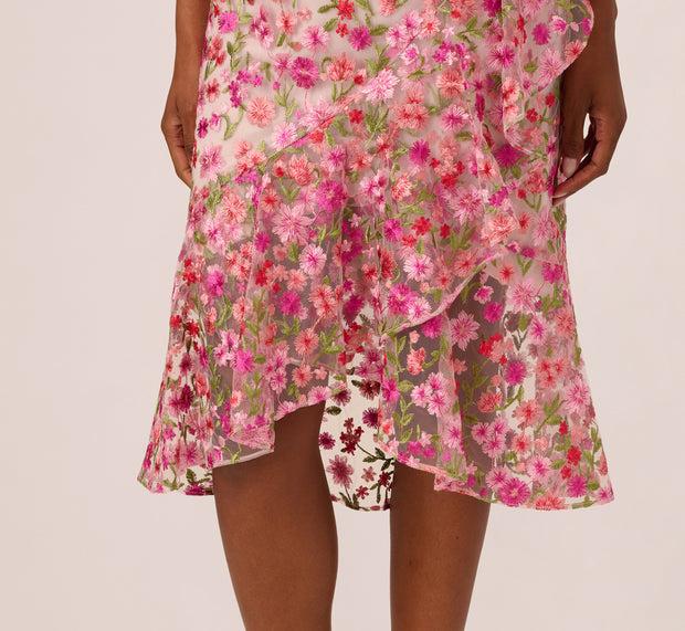 Aidan Mattox Floral Embroidered Flounce Halter Dress In Pink Multi