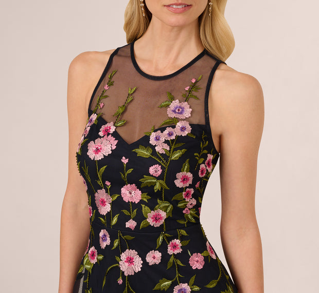 Aidan Mattox Floral Embroidered Illusion Midi Dress In Midnight Multi