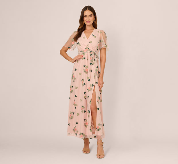 Aidan Mattox Floral Embroidered Maxi Dress With Sheer Flutter Sleeves In Blush Mult