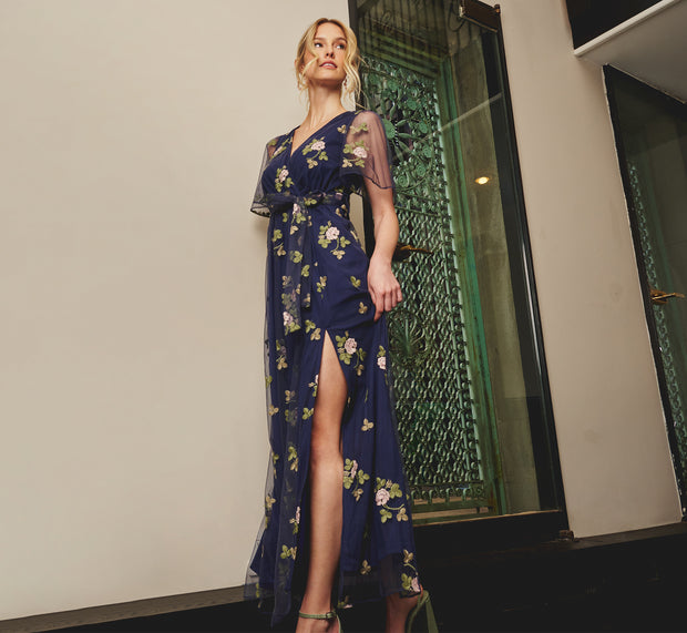 aidan mattox Floral Embroidered Maxi Dress With Sheer Flutter Sleeves In Navy Multi