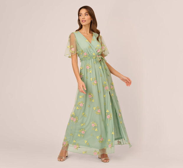 Aidan Mattox Floral Embroidered Maxi Dress With Sheer Flutter Sleeves In Sage Multi