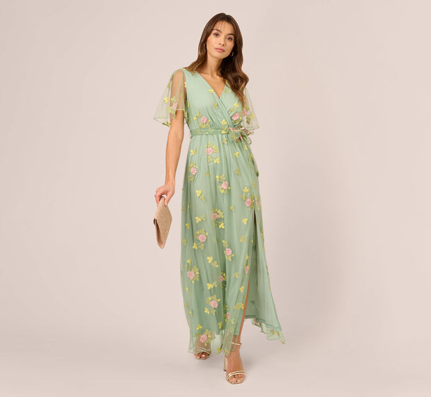 aidan mattox Floral Embroidered Maxi Dress With Sheer Flutter Sleeves In Sage Multi