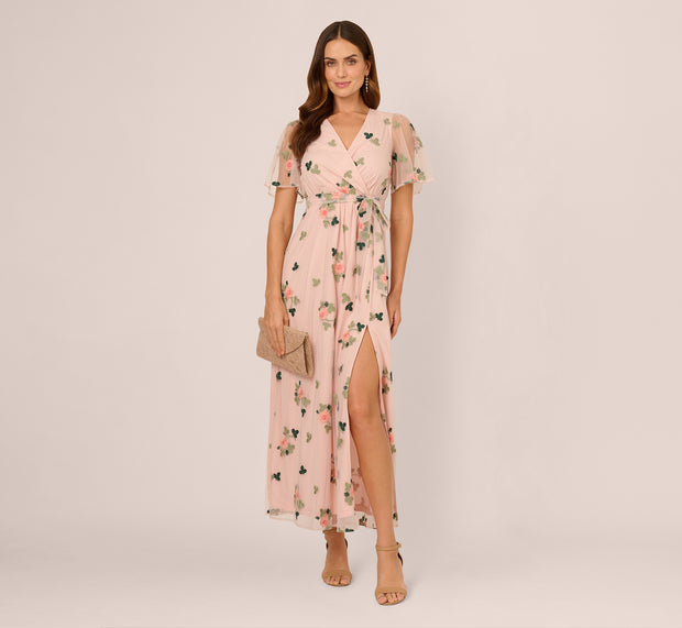 aidan mattox Floral Embroidered Maxi Dress With Sheer Flutter Sleeves In Blush Mult