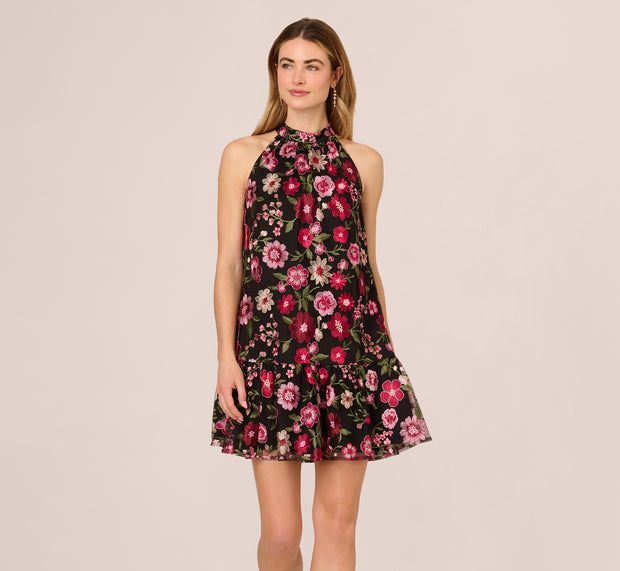 Aidan Mattox Floral Embroidered Trapeze Halter Dress In Pink Multi