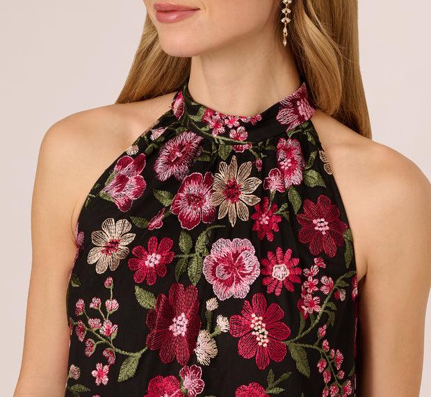 Aidan Mattox Floral Embroidered Trapeze Halter Dress In Pink Multi