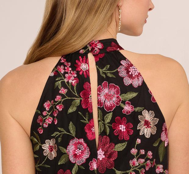 Aidan Mattox Floral Embroidered Trapeze Halter Dress In Pink Multi