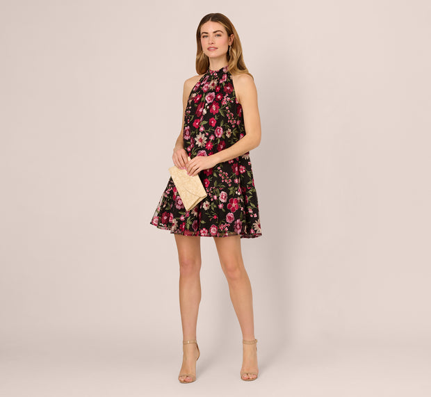 aidan mattox Floral Embroidered Trapeze Halter Dress In Pink Multi