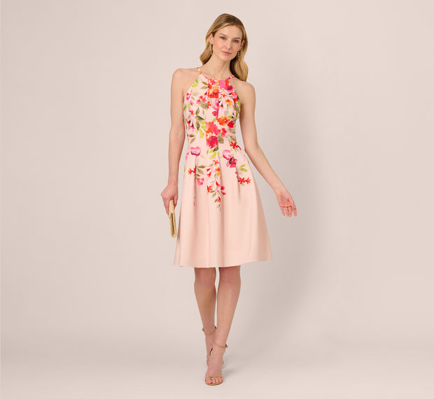 Aidan Mattox Floral Fit And Flare Halter Midi Dress In Champagne Multi