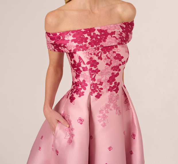 Aidan Mattox Floral Jacquard Ankle Length Dress With Off The Shoulder Neckline In P