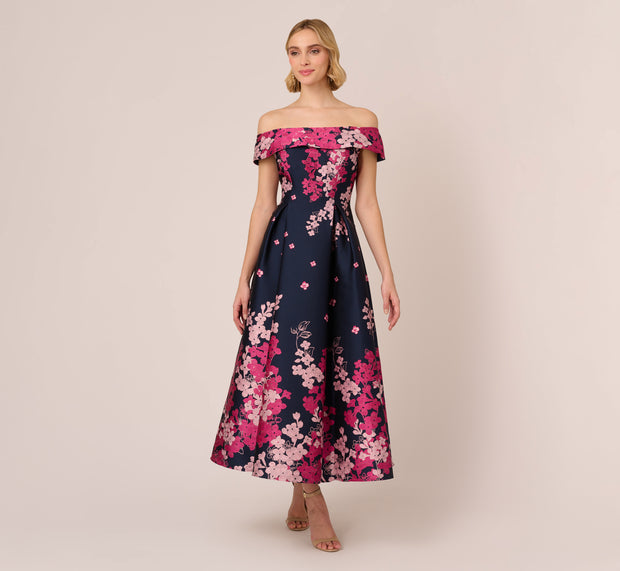 Aidan Mattox Floral Jacquard Ankle Length Dress With Off The Shoulder Neckline In N