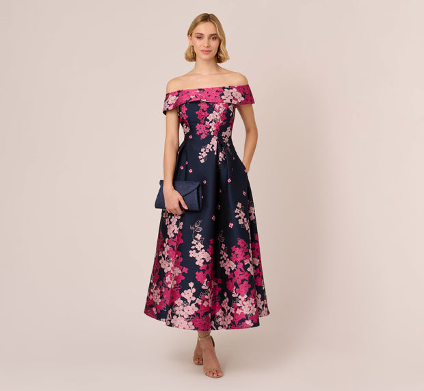 aidan mattox Floral Jacquard Ankle Length Dress With Off The Shoulder Neckline In N