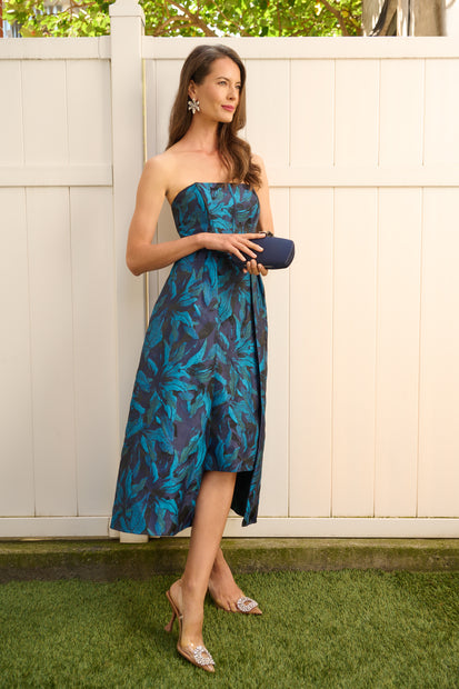 aidan mattox Floral Jacquard Midi Dress In Blue Black Multi