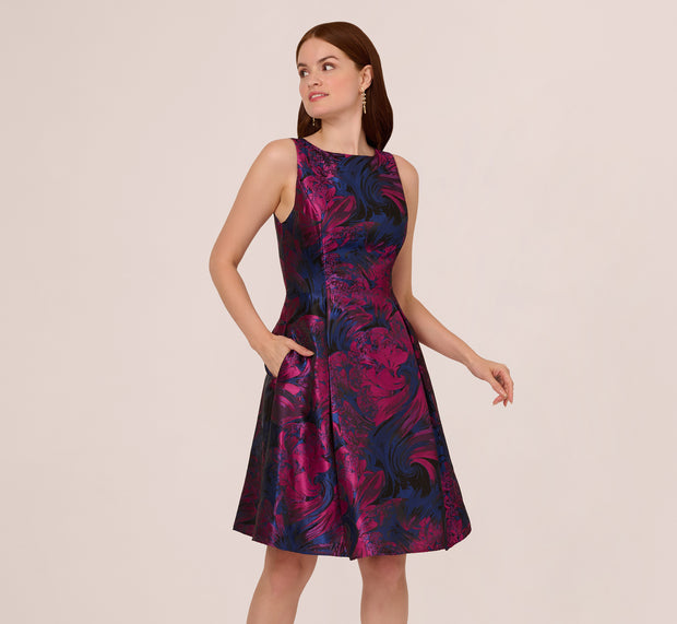 Aidan Mattox Floral Jacquard Short Dress With Envelope Back In Navy Orchid