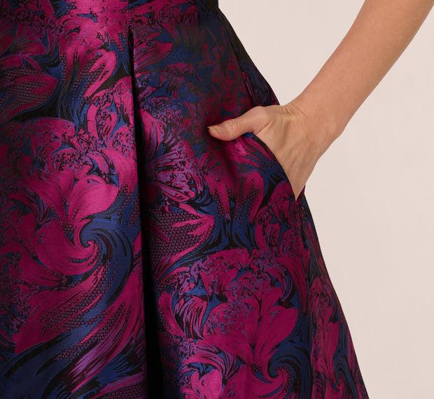 Aidan Mattox Floral Jacquard Short Dress With Envelope Back In Navy Orchid