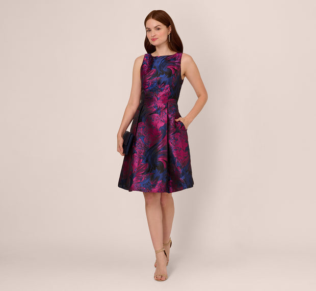 aidan mattox Floral Jacquard Short Dress With Envelope Back In Navy Orchid