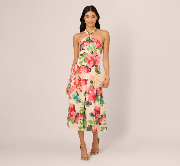 Aidan Mattox Floral Keyhole Halter Flounce Dress In Blush Multi
