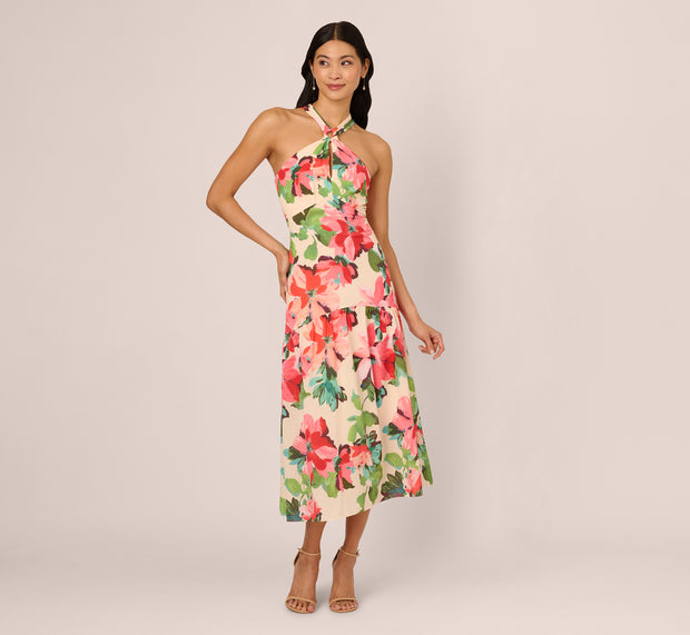 Aidan Mattox Floral Keyhole Halter Flounce Dress In Blush Multi