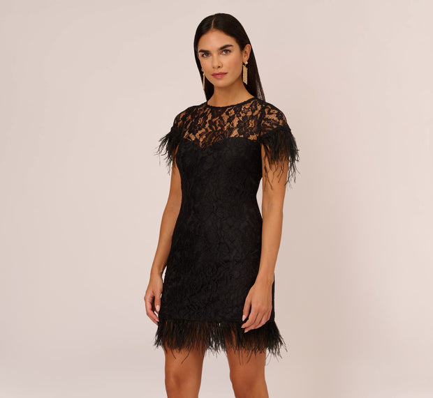 Aidan Mattox Floral Lace And Feather Trimmed Short Sheath Cocktail Dress In Black