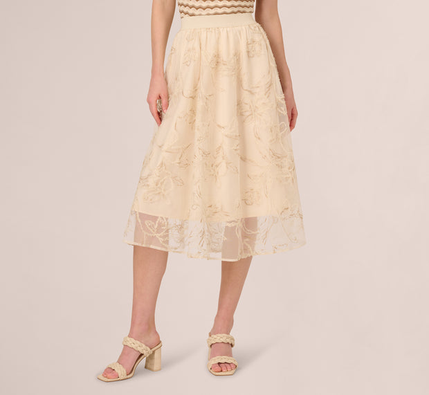 Aidan Mattox Floral Mesh Overlay A Line Midi Skirt In Ivory