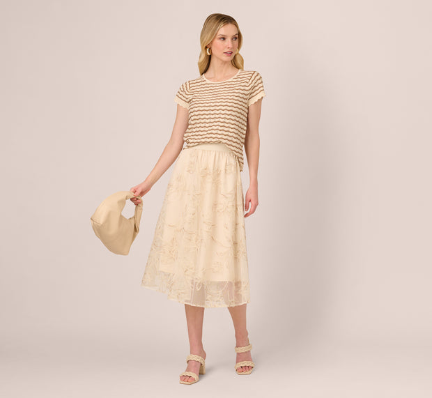 aidan mattox Floral Mesh Overlay A Line Midi Skirt In Ivory