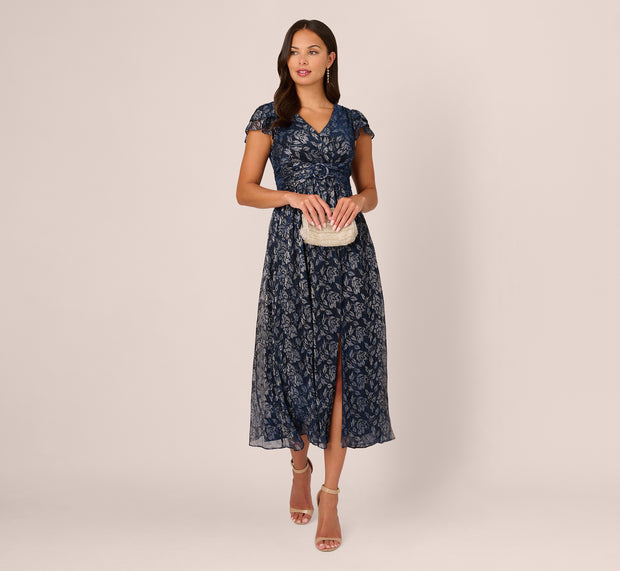 aidan mattox Floral Metallic Crinkle Ankle Length Dress With Flutter Sleeves In Nav