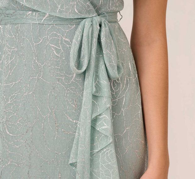 Aidan Mattox Floral Metallic Stencil Midi-Length Mermaid Dress With Capelet In Sea