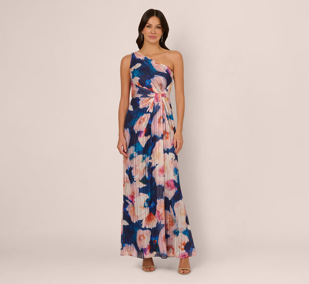 Aidan Mattox Floral Print Chiffon Gown With One Shoulder Neckline In Navy Blush
