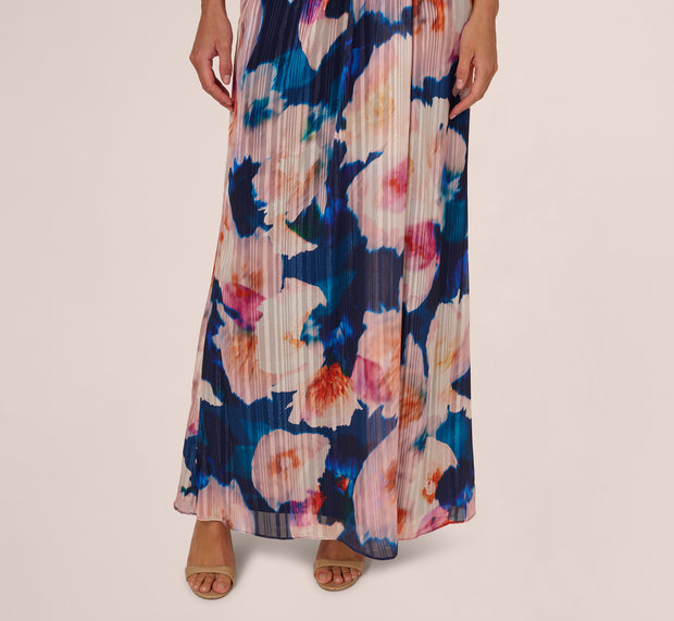Aidan Mattox Floral Print Chiffon Gown With One Shoulder Neckline In Navy Blush