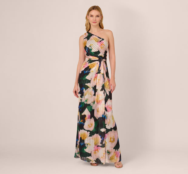 Aidan Mattox Floral Print Chiffon Gown With One Shoulder Neckline In Black Blush Mu