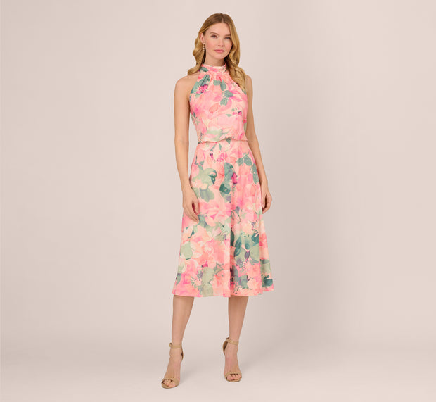 Aidan Mattox Floral Print Chiffon Halter Dress With Mock Neck In Blush Multi