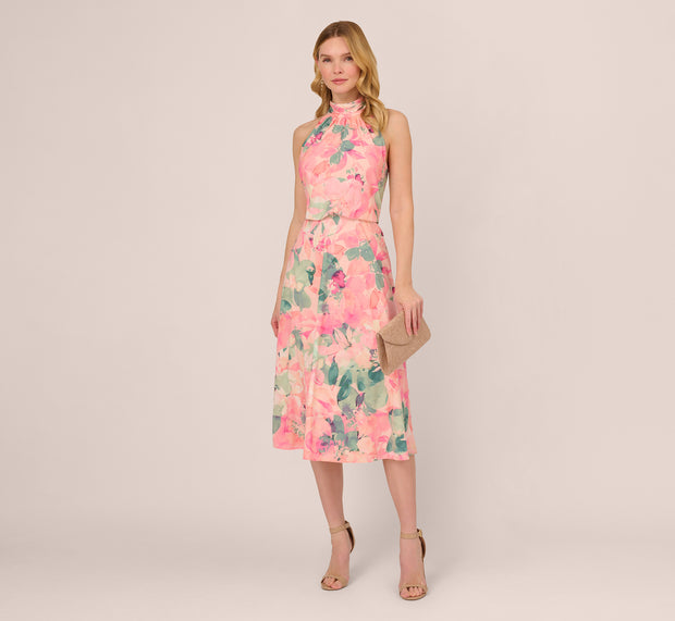 aidan mattox Floral Print Chiffon Halter Dress With Mock Neck In Blush Multi