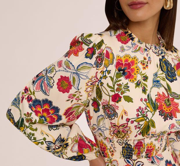Aidan Mattox Floral Print Dress With Long Bishop Sleeves In Ecru Multi