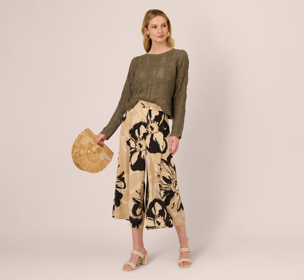 aidan mattox Floral Print Gaucho Pant In Khaki Black Sunset Floral
