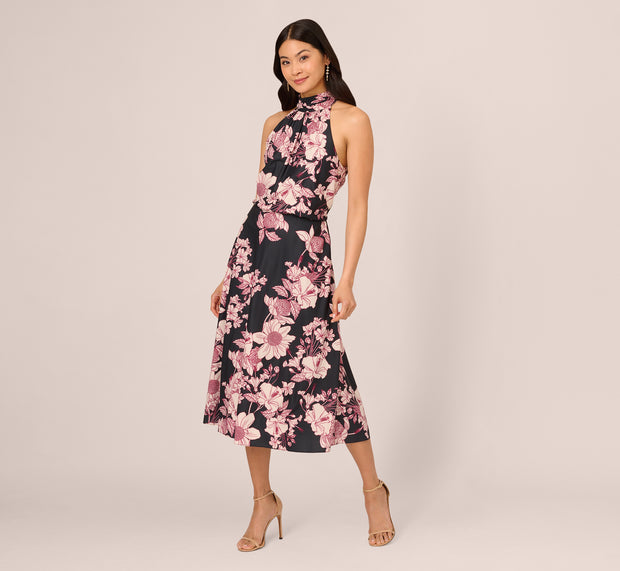 Aidan Mattox Floral Print Halter Midi Dress With Mock Neckline In Black Multi