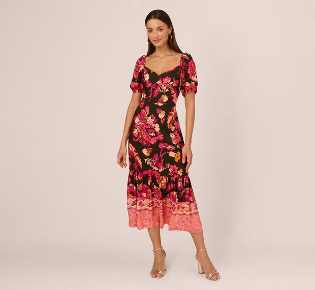 Aidan Mattox Floral Print Maxi Dress With Puff Sleeves In Hunter Multi